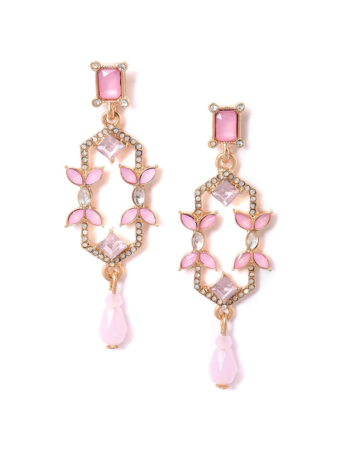 

W Gold Plated Pink Geometric Stone Studded Drop Earrings