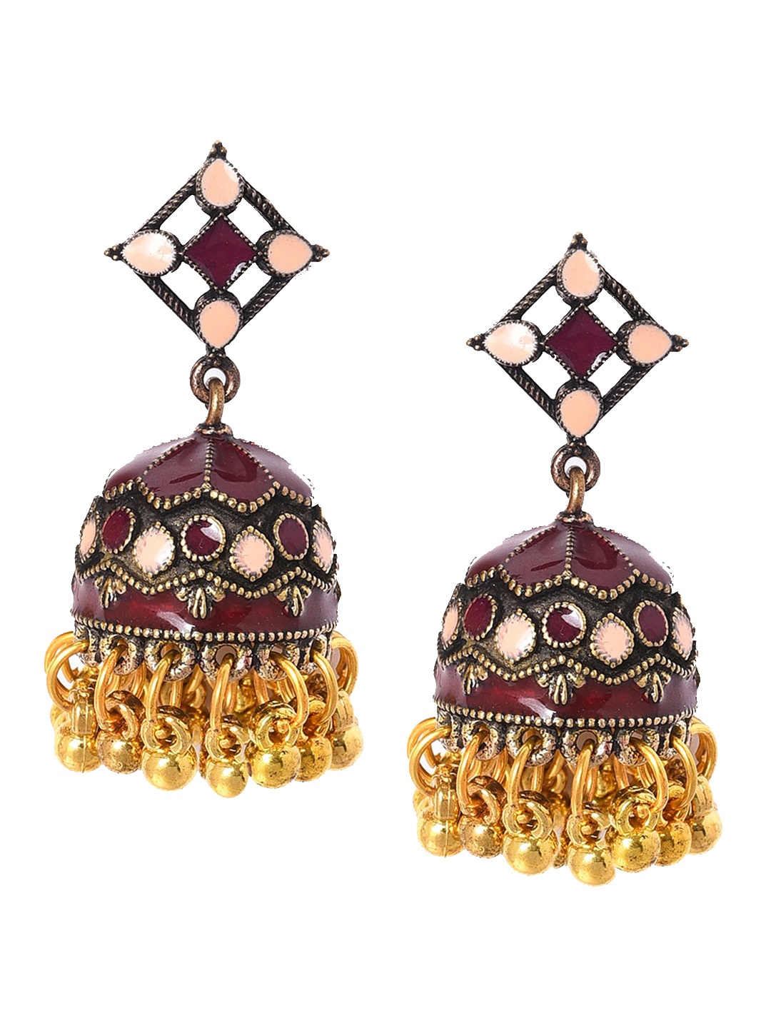 

W Maroon Dome Shaped Jhumkas Earrings, Gold