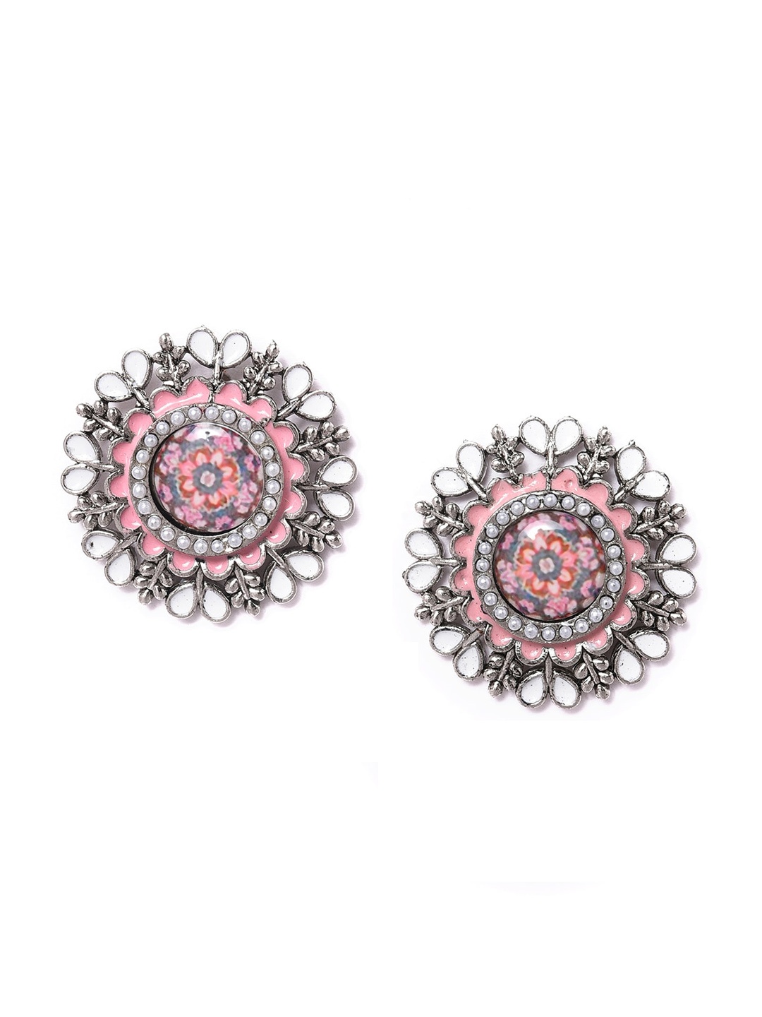 

W Silver-Toned & Pink Circular Studs Earrings