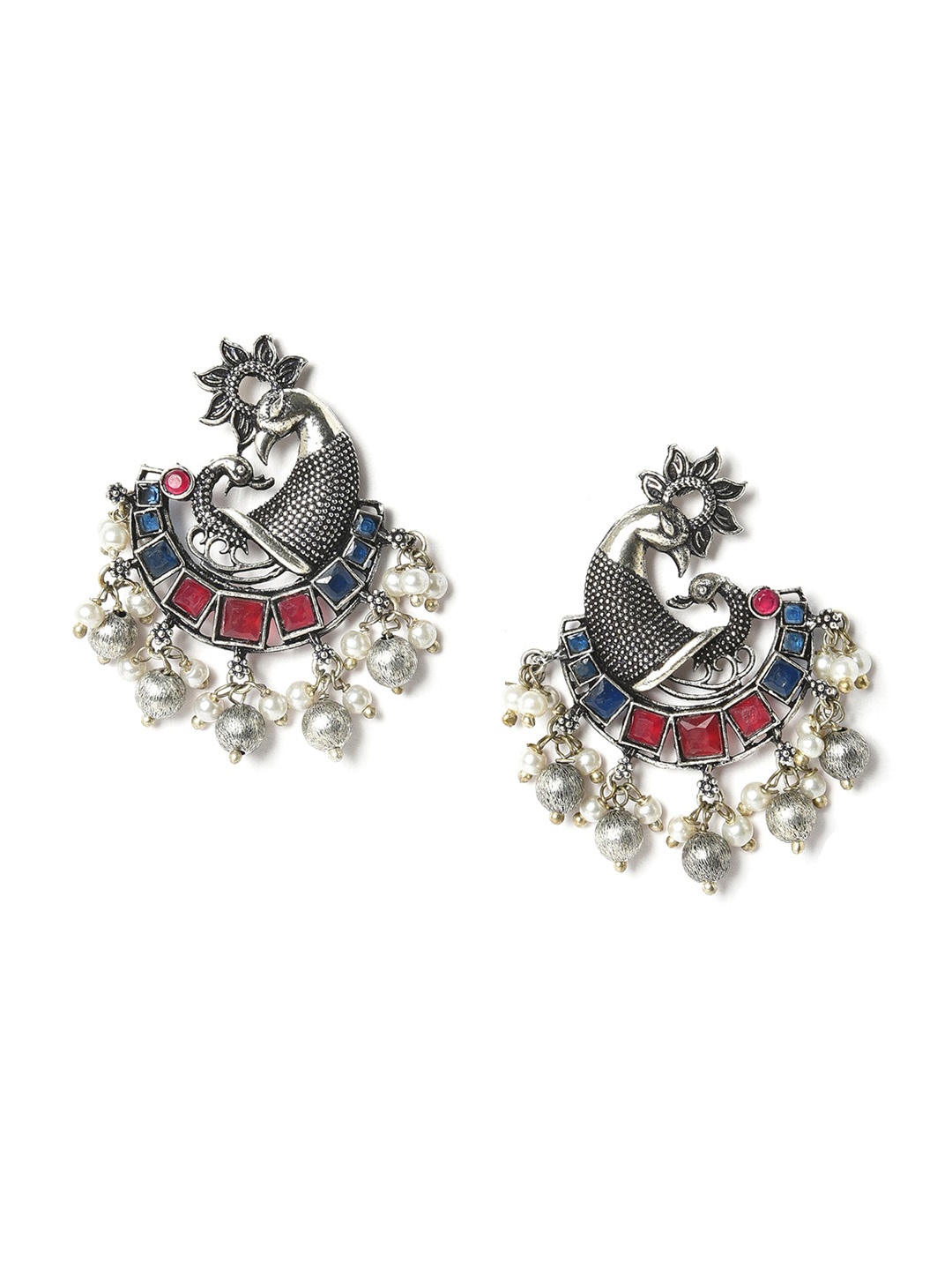 

W Pink Peacock Shaped Chandbalis Earrings, Silver