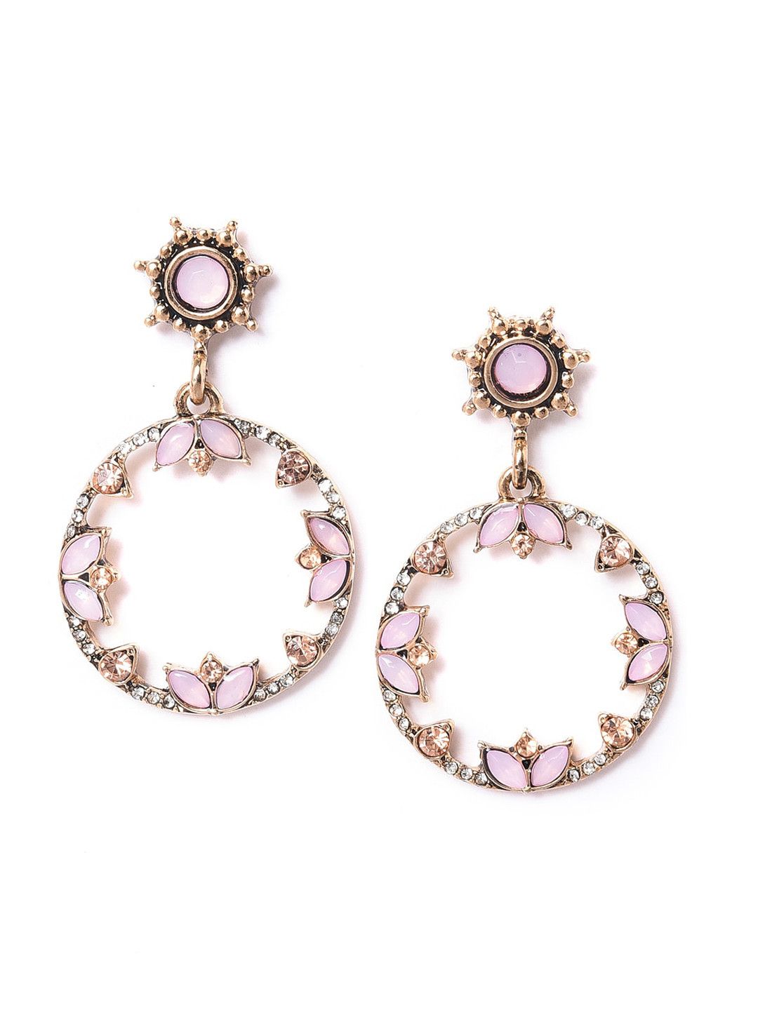 

W Gold Plated Pink Circular Stone Studded Drop Earrings