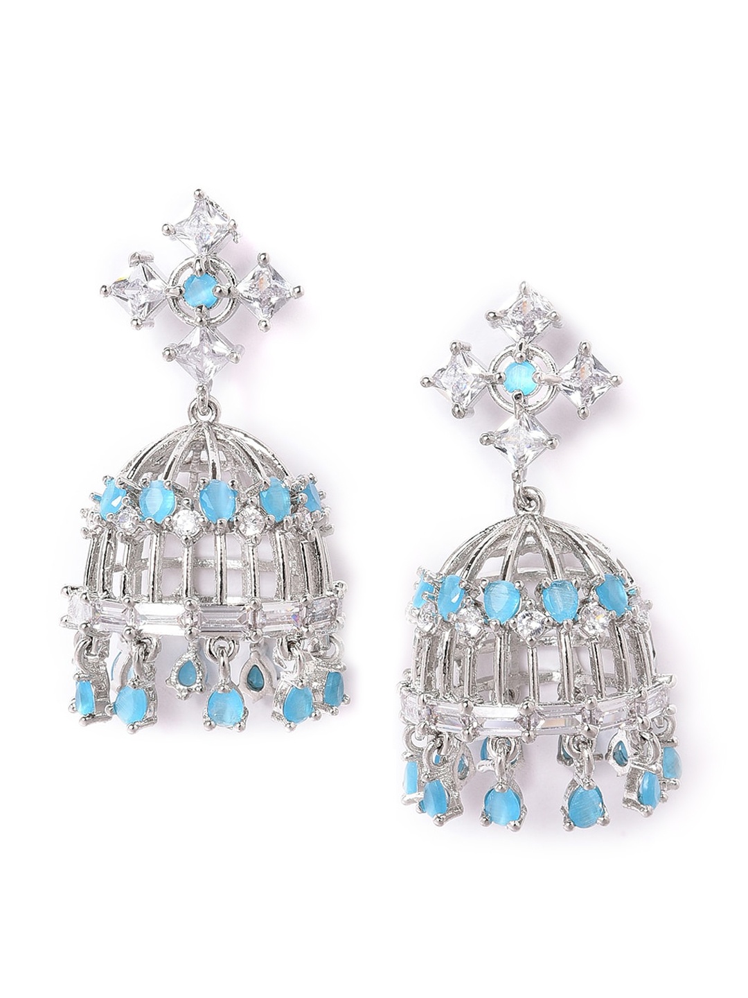 

W Blue Dome Shaped Jhumkas Earrings, Silver