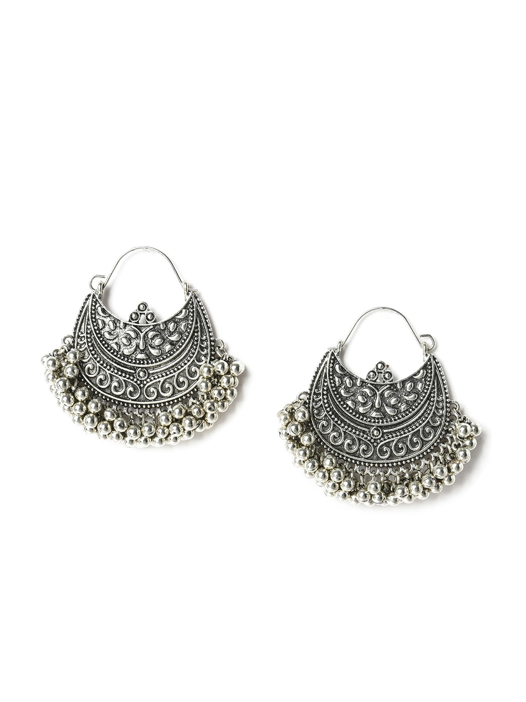 

W Silver-Toned Crescent Shaped Oxidised Chandbalis Earrings