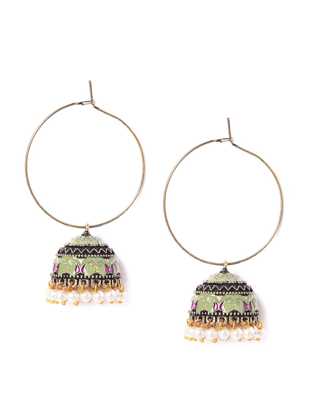 

W Green Dome Shaped Jhumkas Earrings, Silver