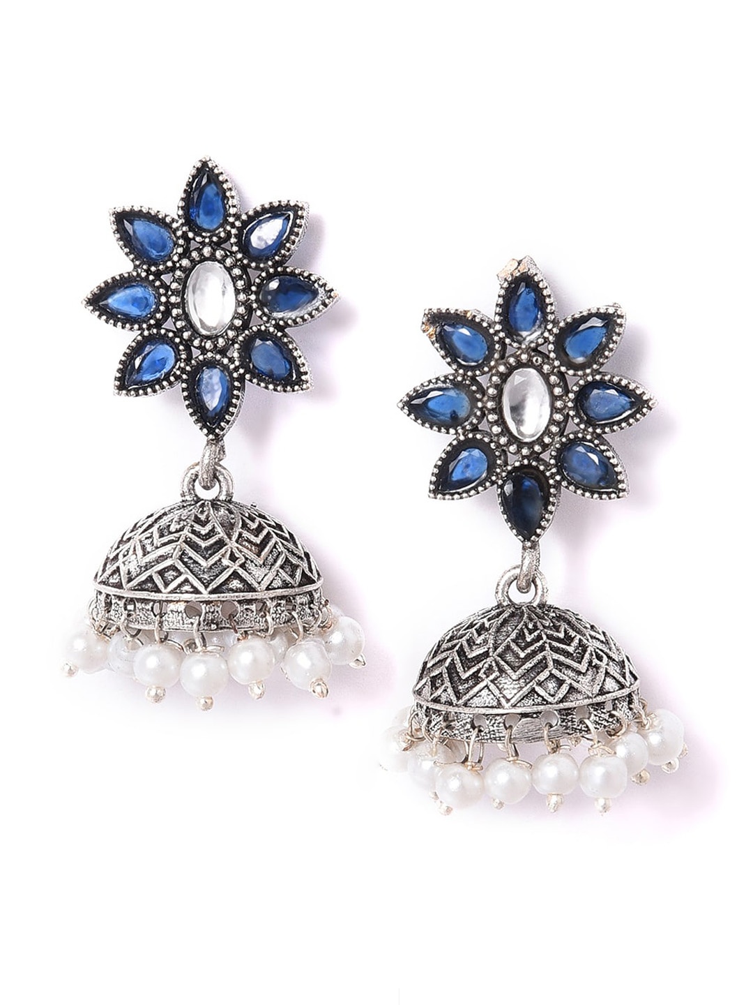 

W Silver Plated Dome Shaped Stone Studded & Beaded Jhumkas