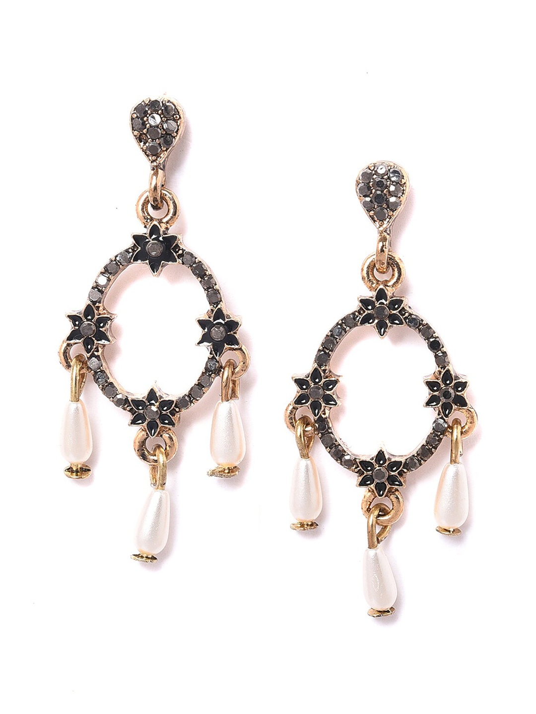 

W Black Oval Shaped Drop Earrings, Gold