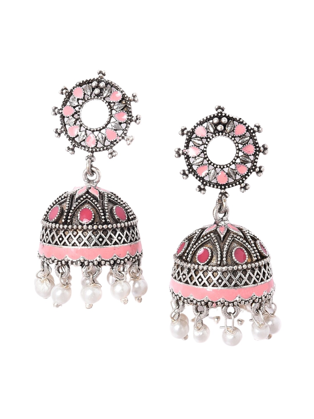 

W Pink Dome Shaped Oxidised Jhumkas Earrings, Silver
