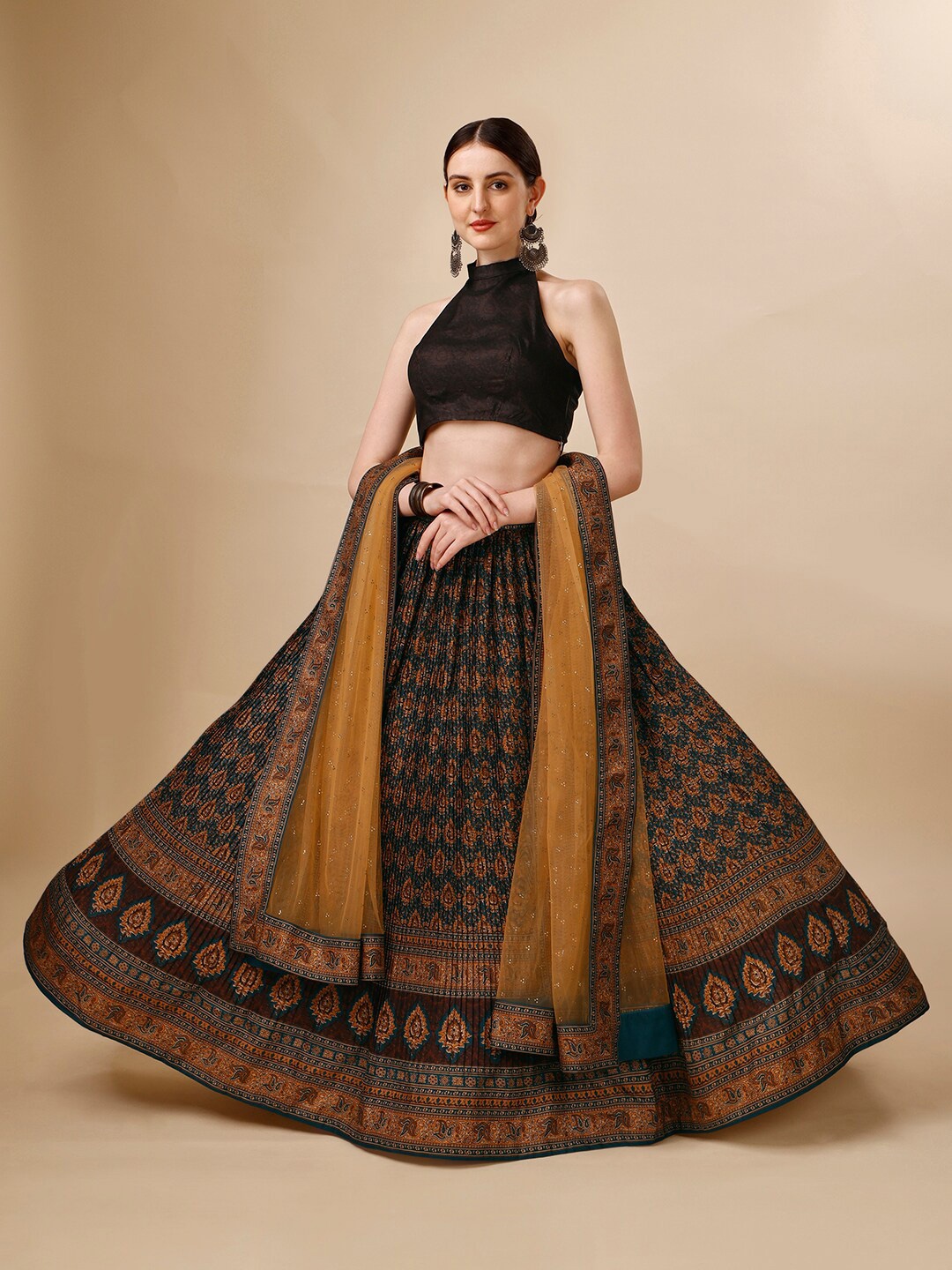 

SAPTRANGI Printed Ready to Wear Lehenga & Blouse With Dupatta, Brown