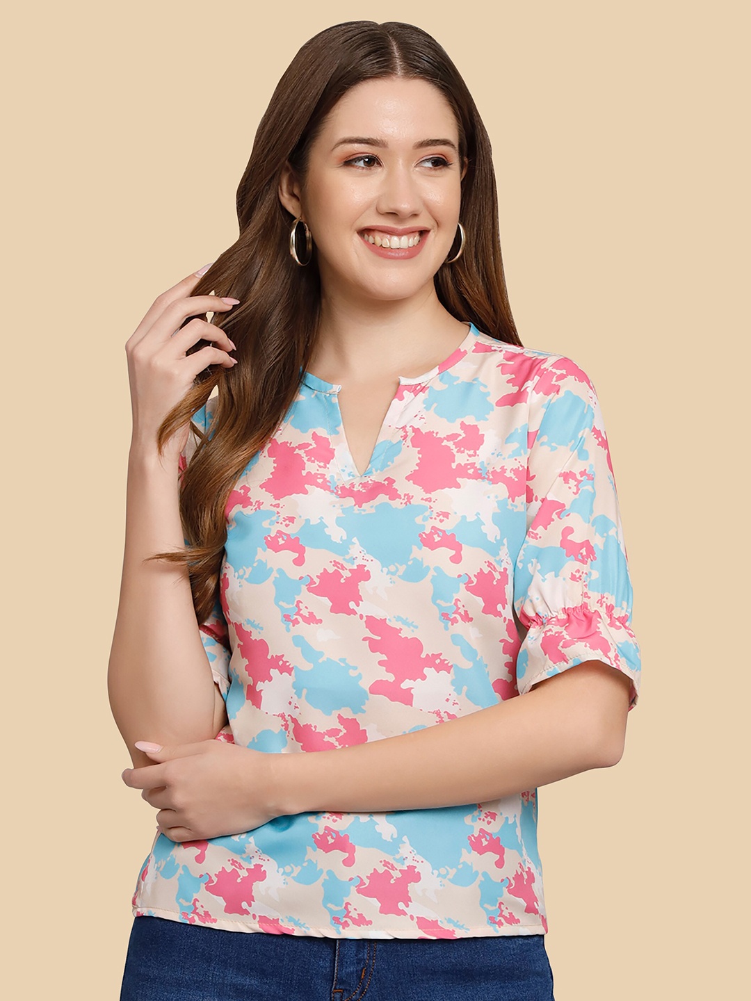 

Dream Beauty Fashion Abstrect Printed Puff Sleeves Top, Cream