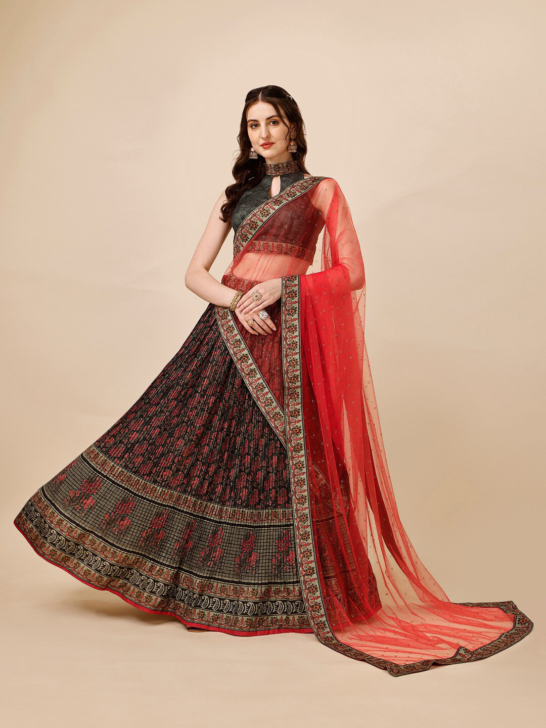 

SAPTRANGI Printed Ready to Wear Lehenga & Blouse With Dupatta, Grey