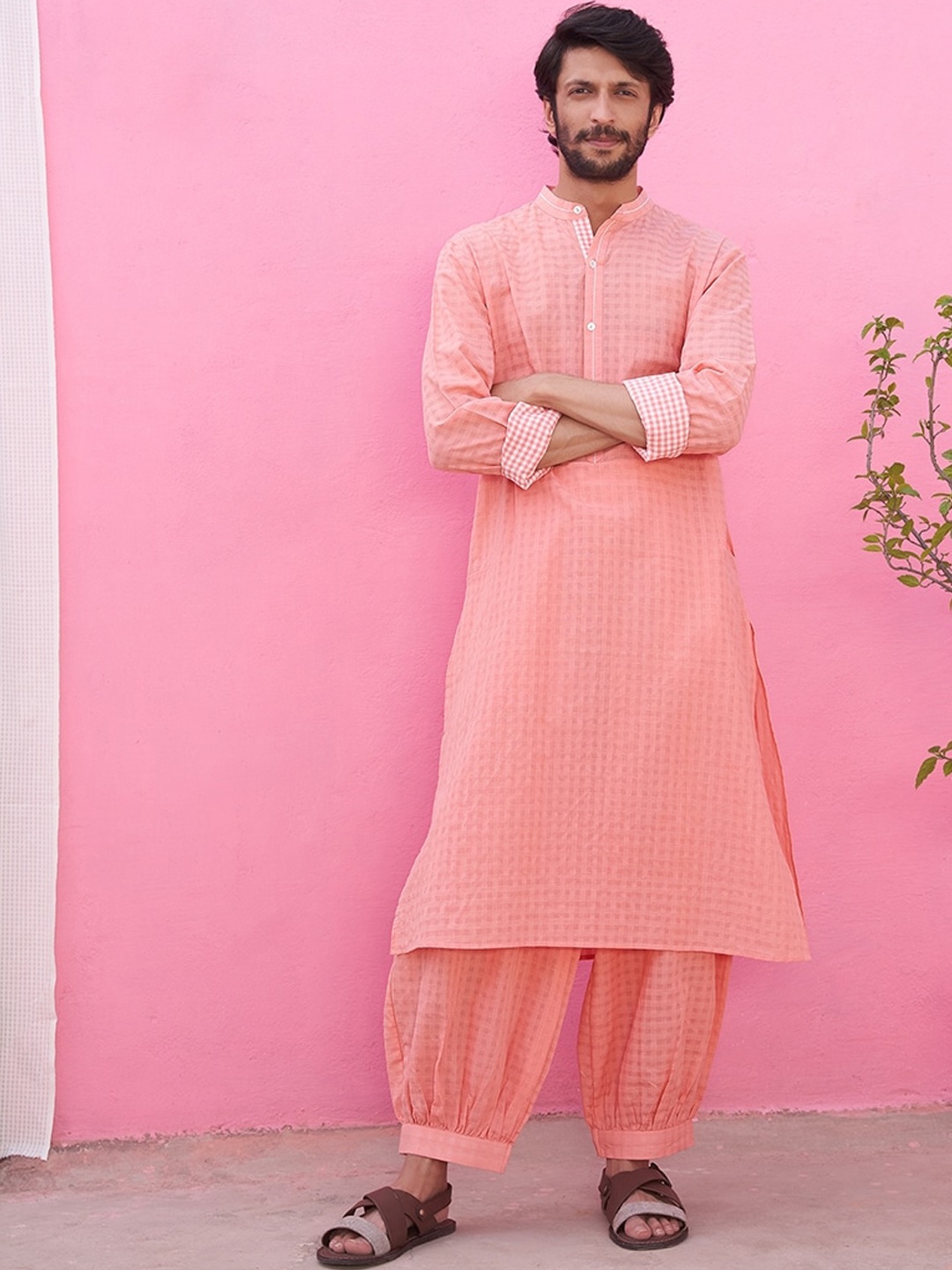 

Abhishti Checked Band Collar Pure Cotton Kurta with Patiala, Peach