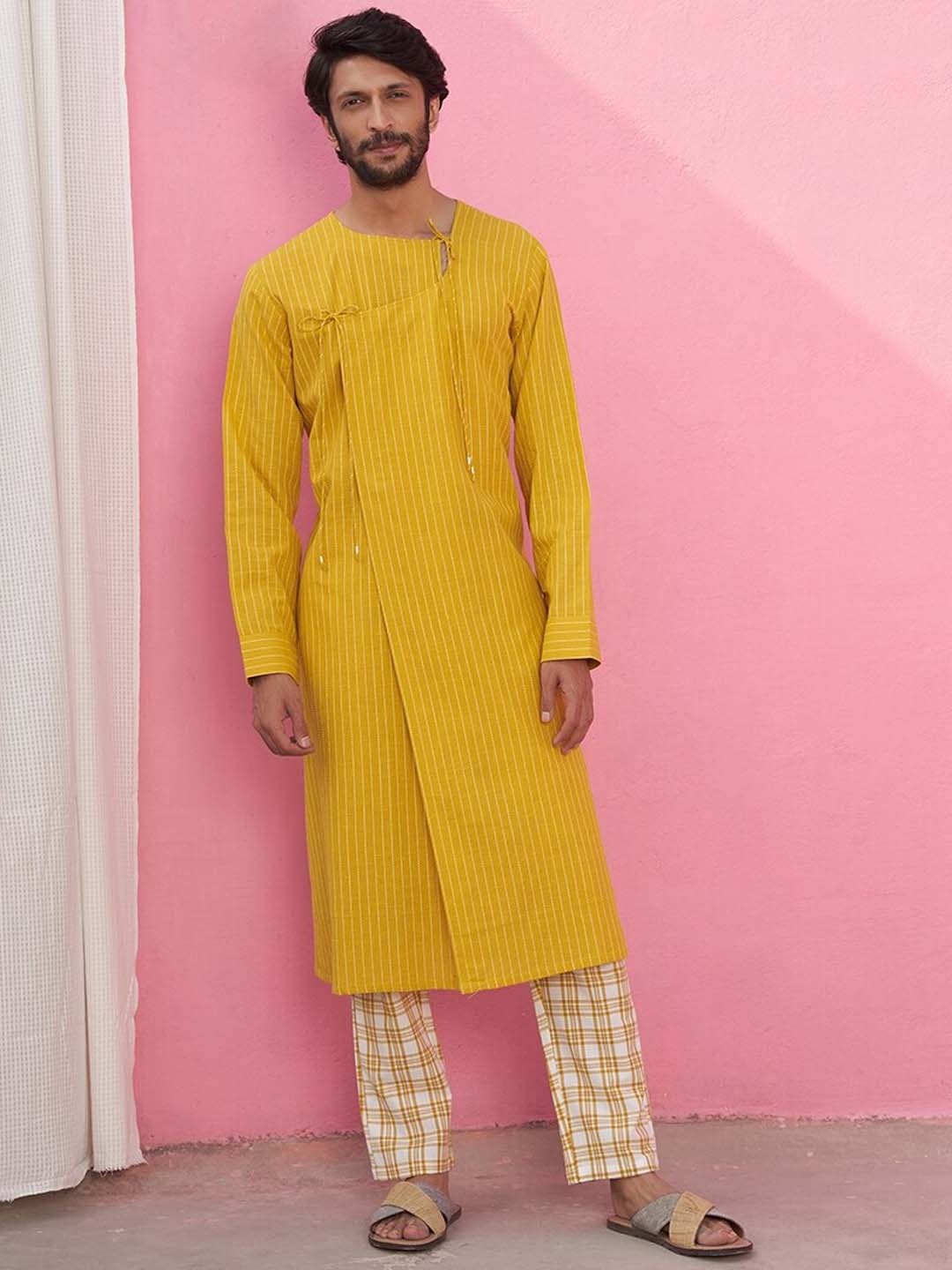 

Abhishti Striped Angrakha Pure Cotton Kurta with Pyjamas, Mustard