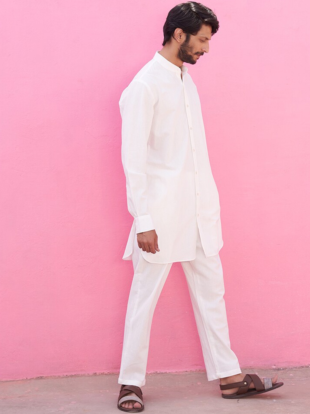 

Abhishti Band Collar Pure Cotton Short Kurta with Trousers, White