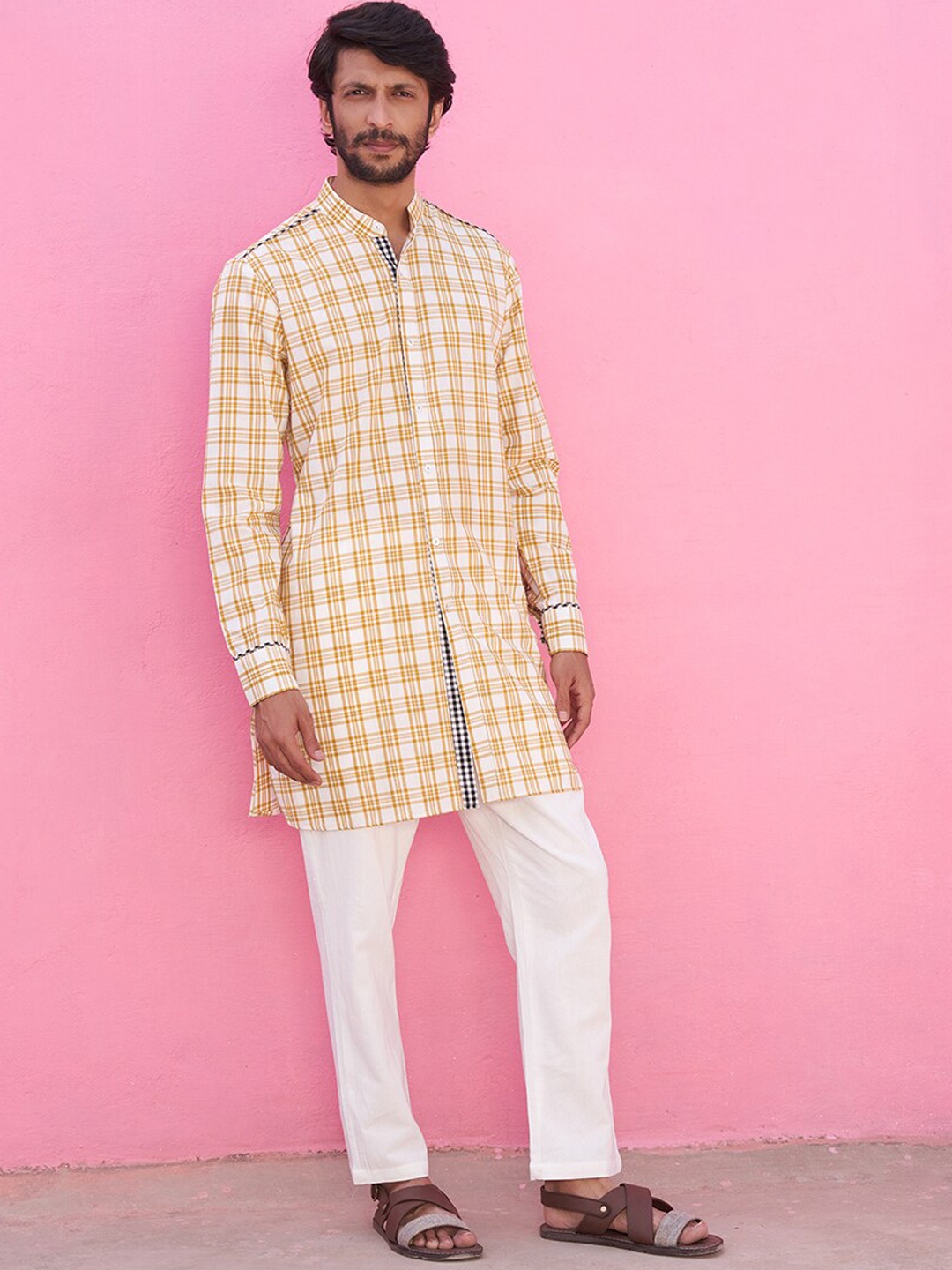 

Abhishti Checked Mandarin Collar Cotton Kurta, Mustard