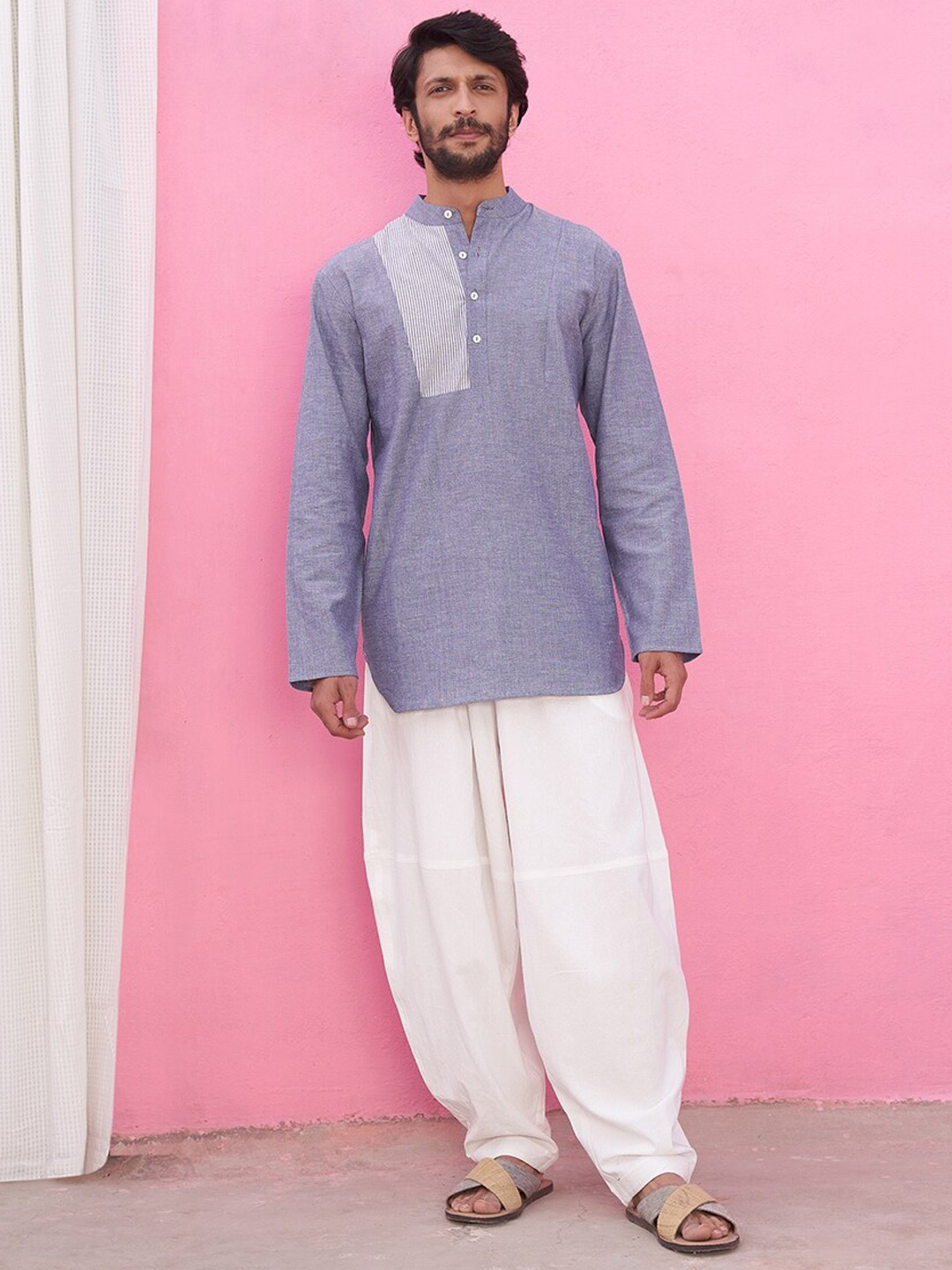 

Abhishti Band Collar Cotton Straight Kurta, Blue