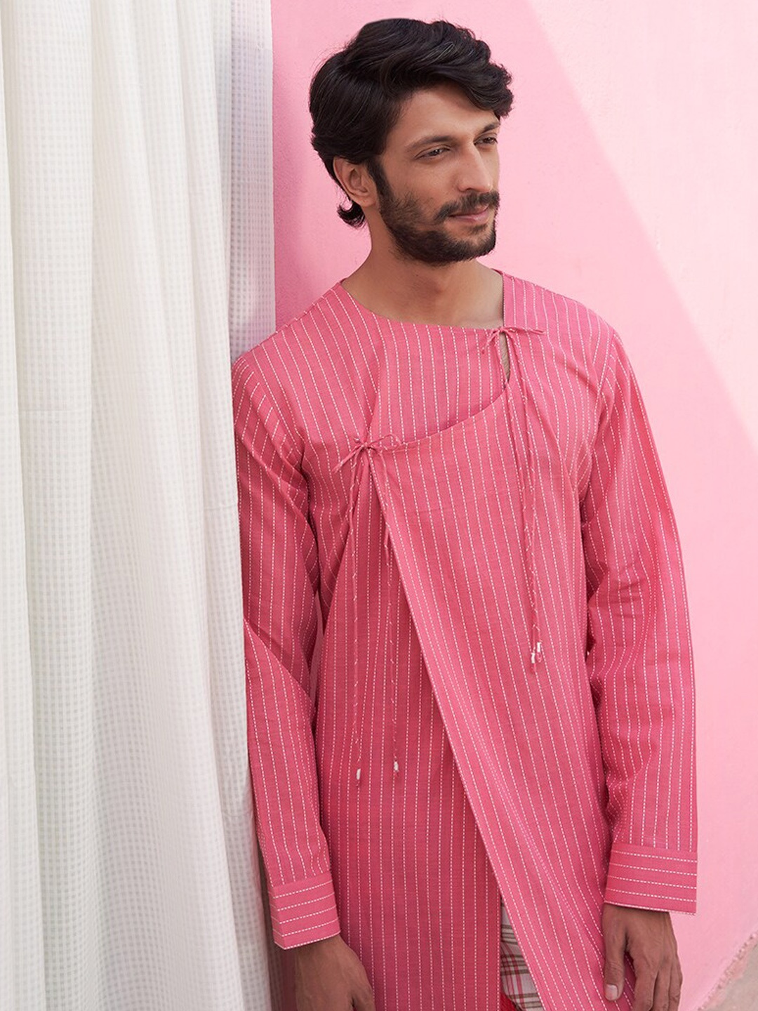 

Abhishti Striped Angrakha Frontslit Kurta, Pink