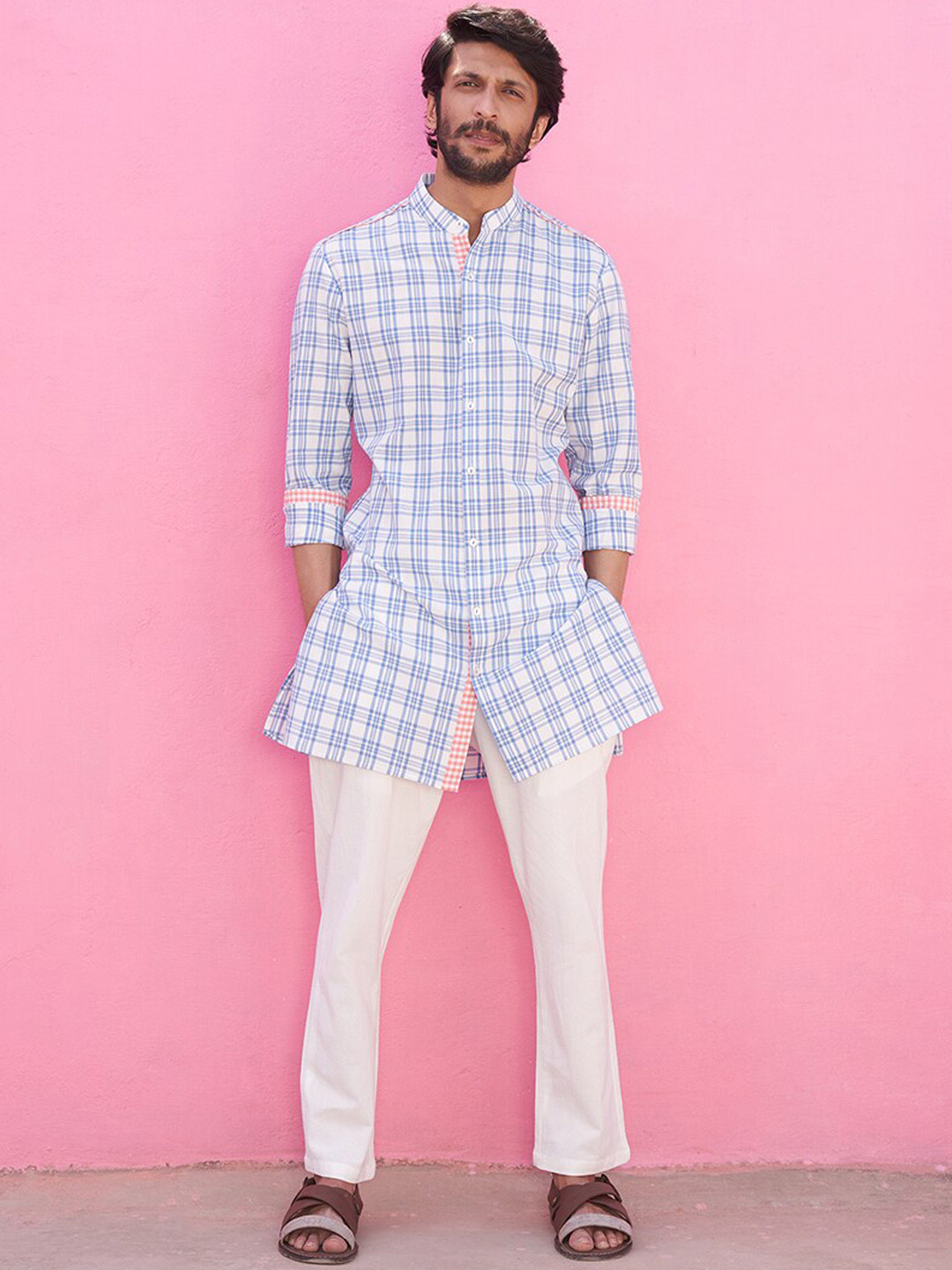 

Abhishti Band Collar Checked Pure Cotton Kurta with Trousers, Blue