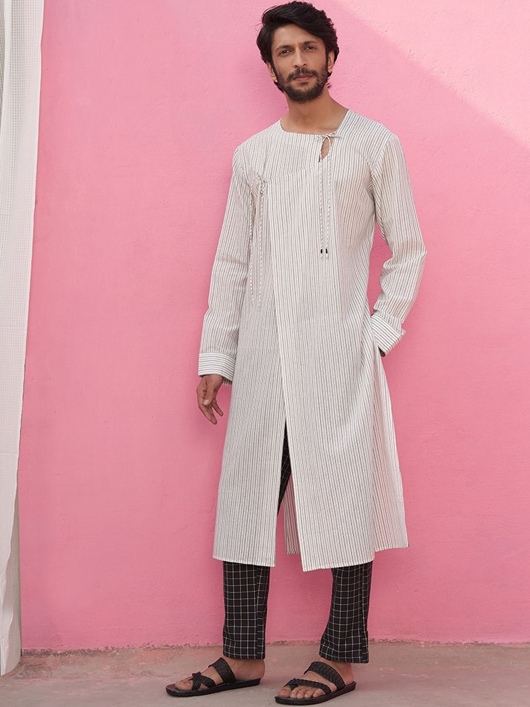 

Abhishti Striped Angrakha Cotton Kurta, White