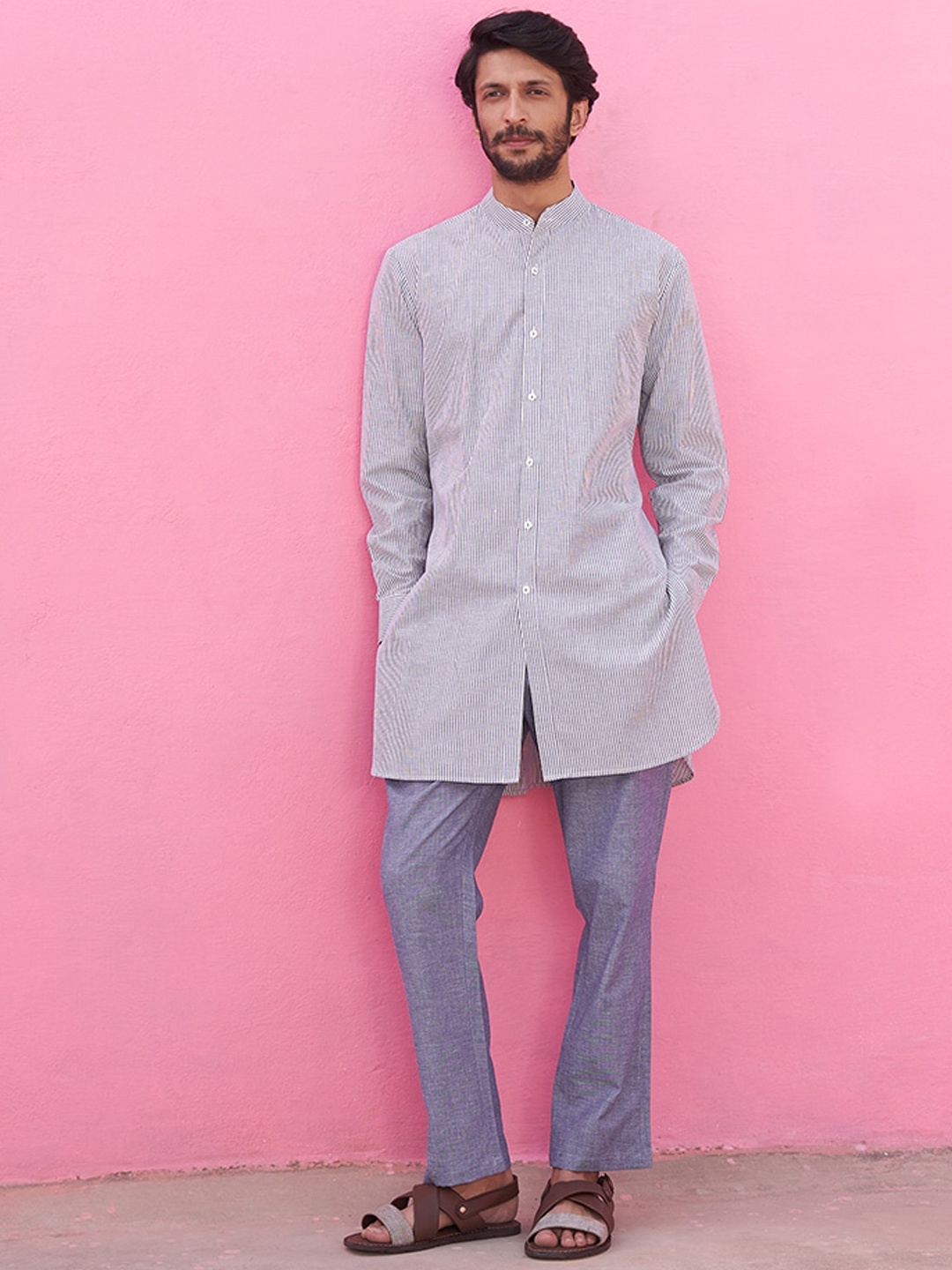 

Abhishti Striped Band Collar Cotton Kurta, Blue