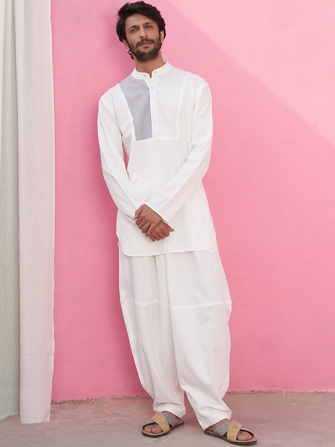 

Abhishti Striped Yoke Design Band Collar Cotton Kurta, White