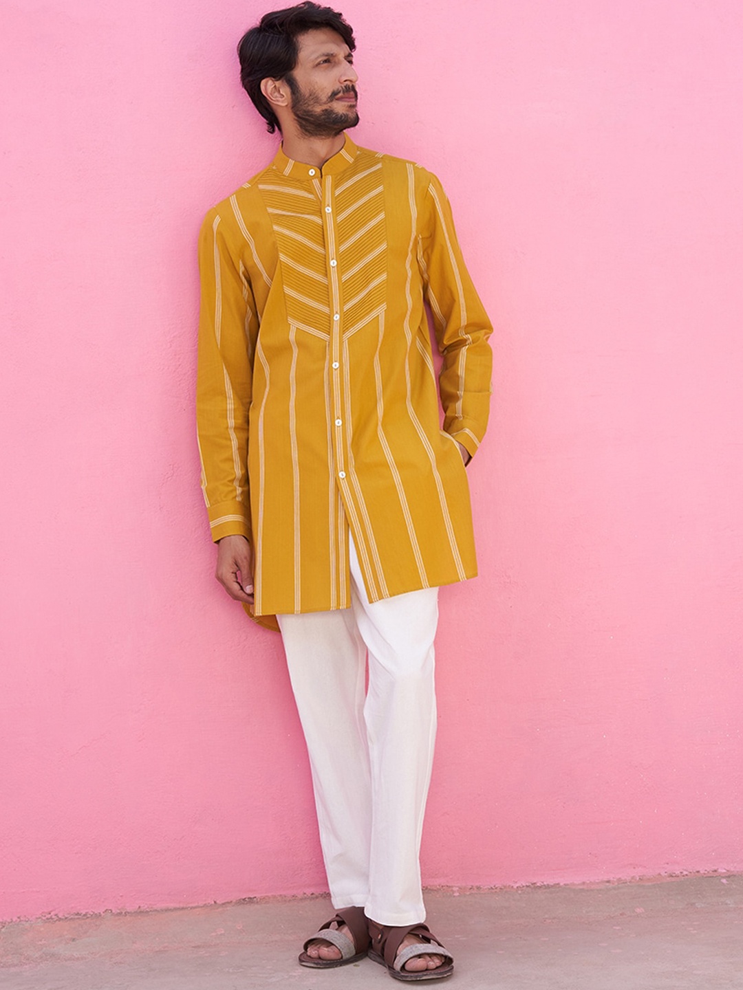 

Abhishti Striped Band Collar Cotton Kurta, Yellow