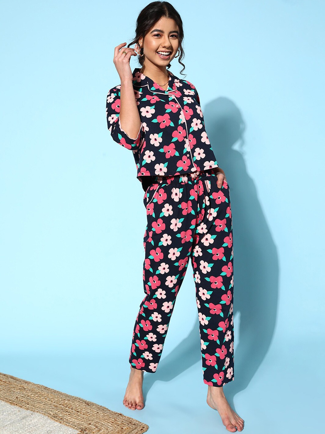 

I like me Black & Pink Floral Printed Pure Cotton Night Suit, Navy blue