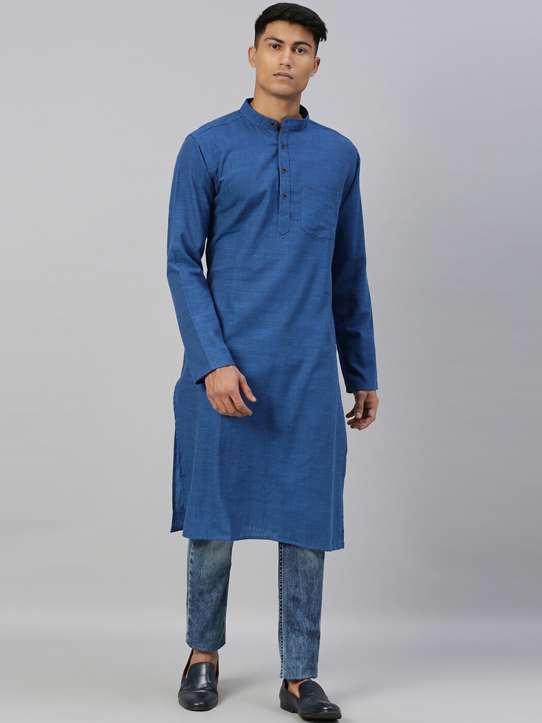 

Kryptic Band Collar Pure Cotton Kurta, Navy blue