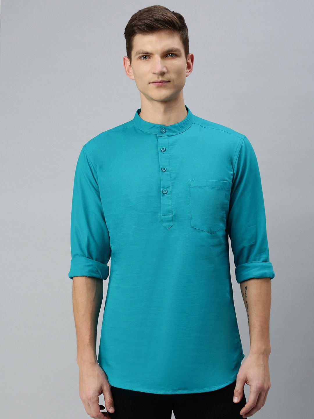 

Kryptic Band Collar Pure Cotton Short Kurta, Turquoise blue
