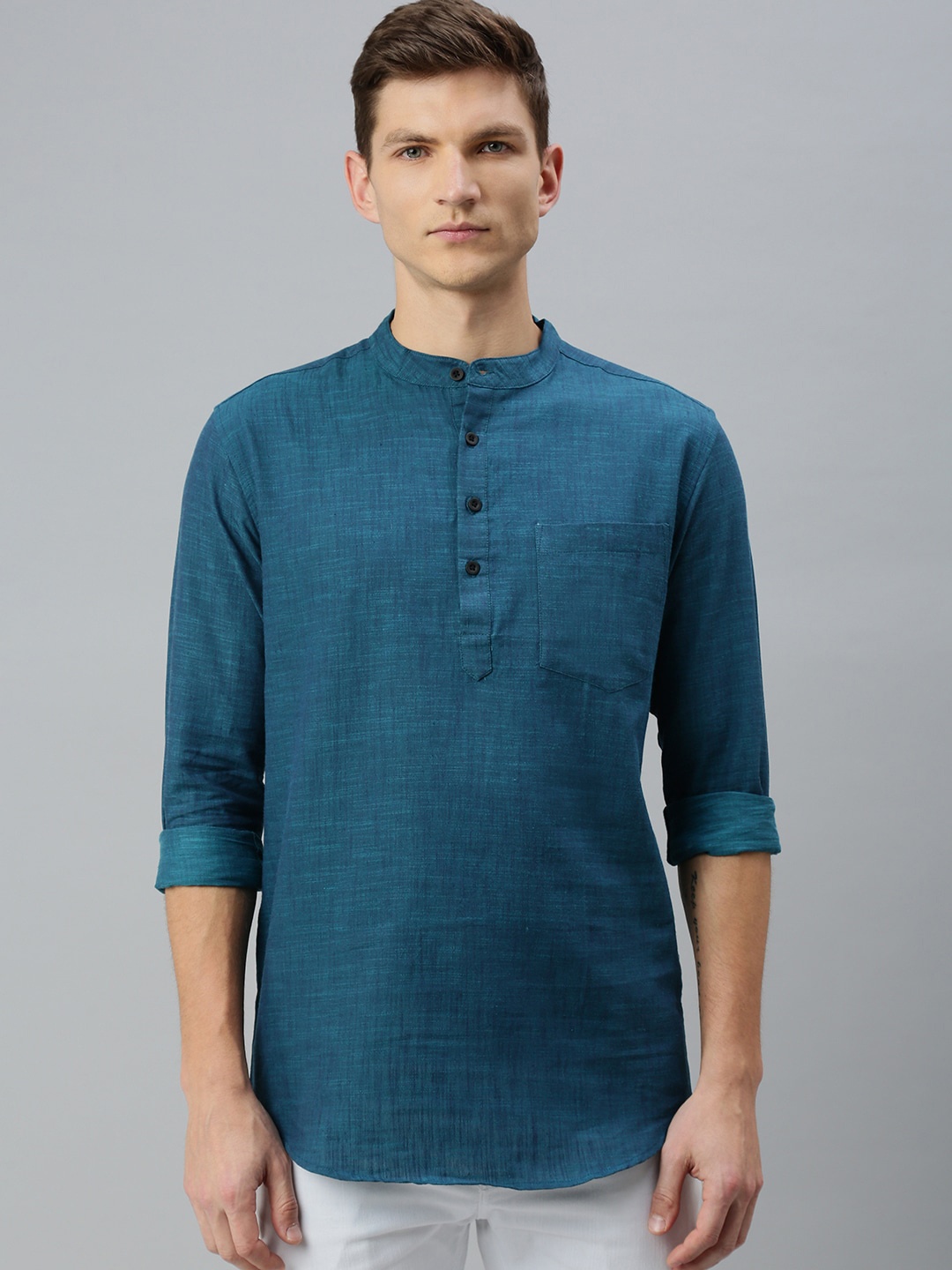 

Kryptic Band Collar Pure Cotton Short Kurta, Teal