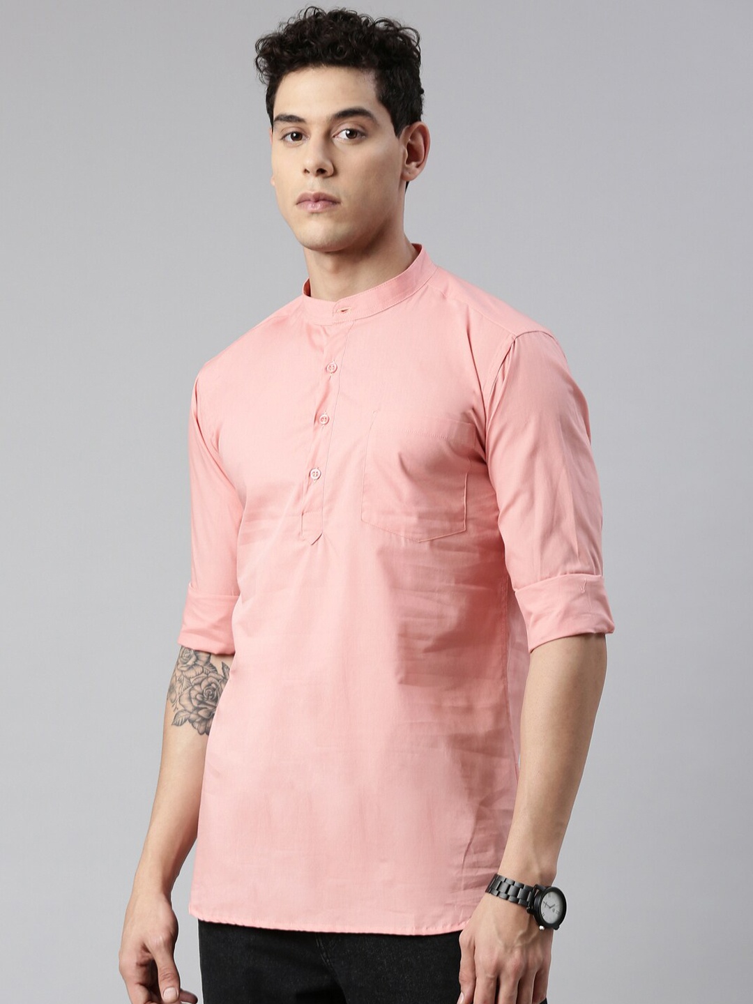 

Kryptic Band Collar Pure Cotton Short Kurta, Peach