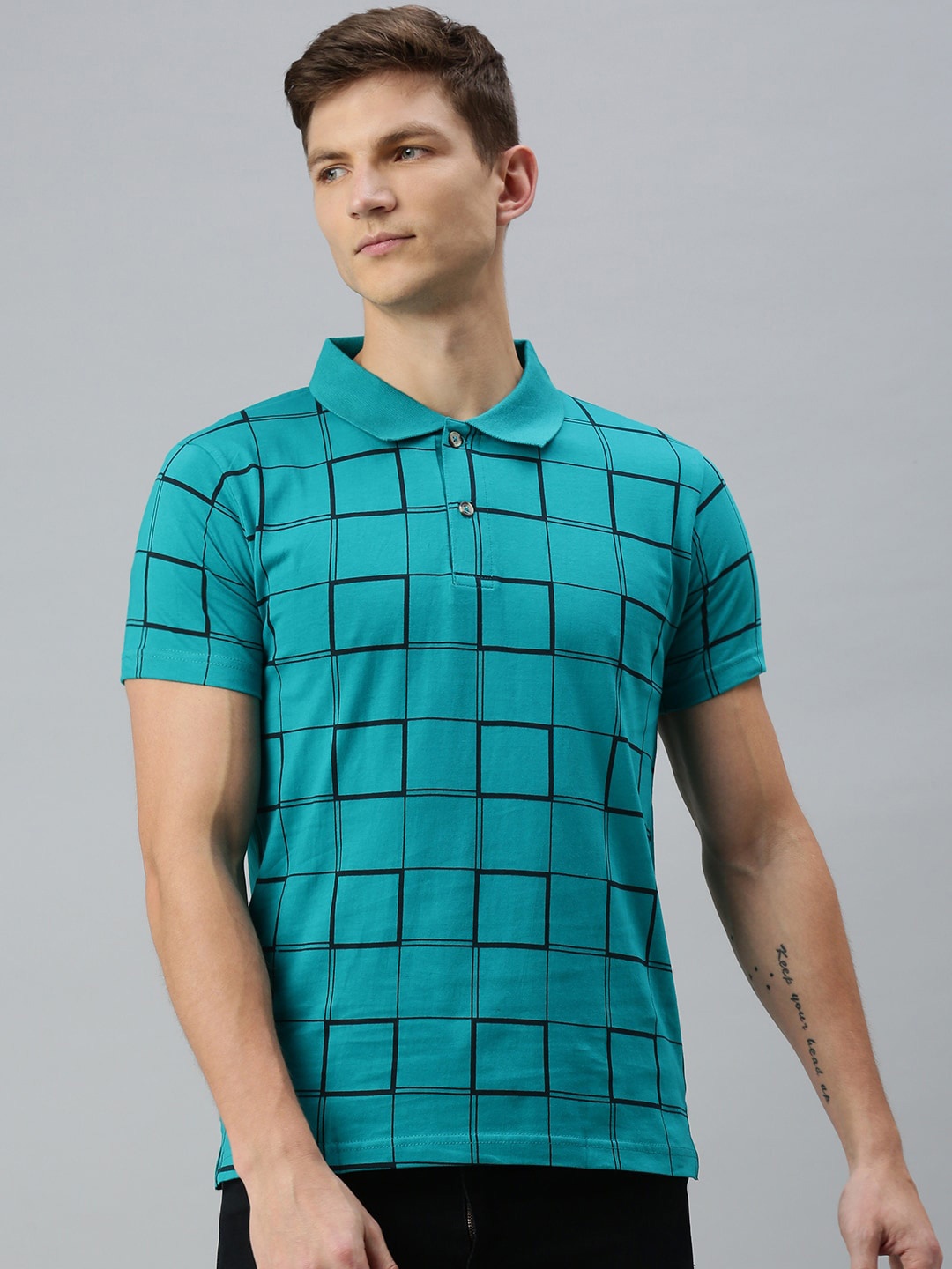 

Kryptic Checked Polo Collar Pure Cotton T-shirt, Turquoise blue