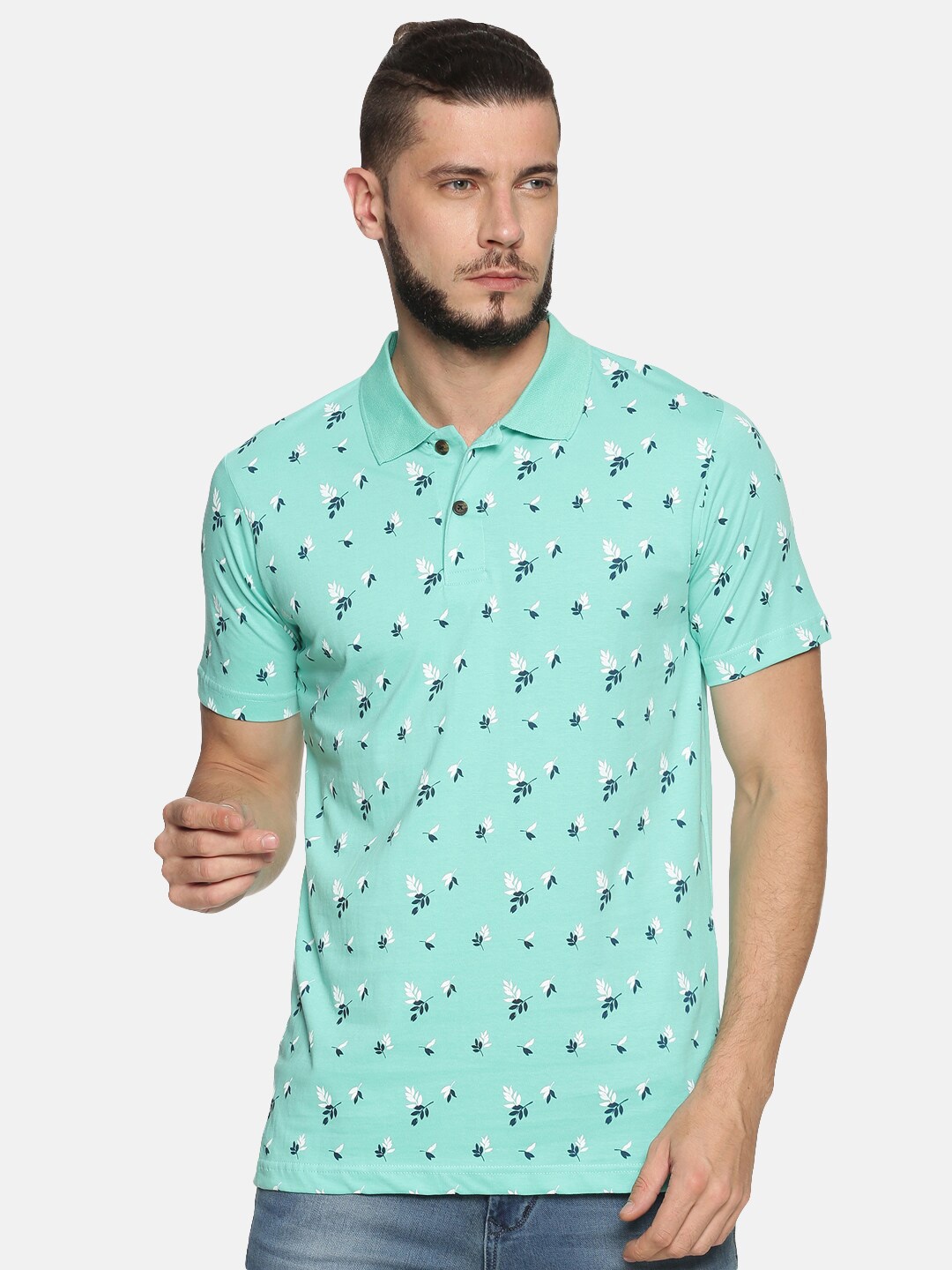 

Kryptic Printed Polo Collar Pure Cotton T-shirt, Sea green