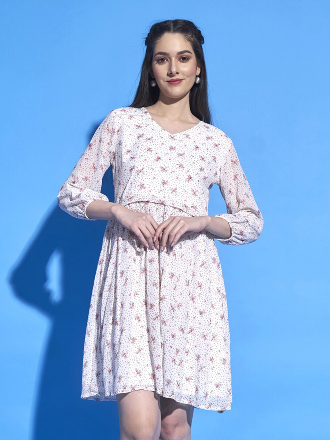 

DressBerry White Floral Print Georgette Fit & Flare Dress