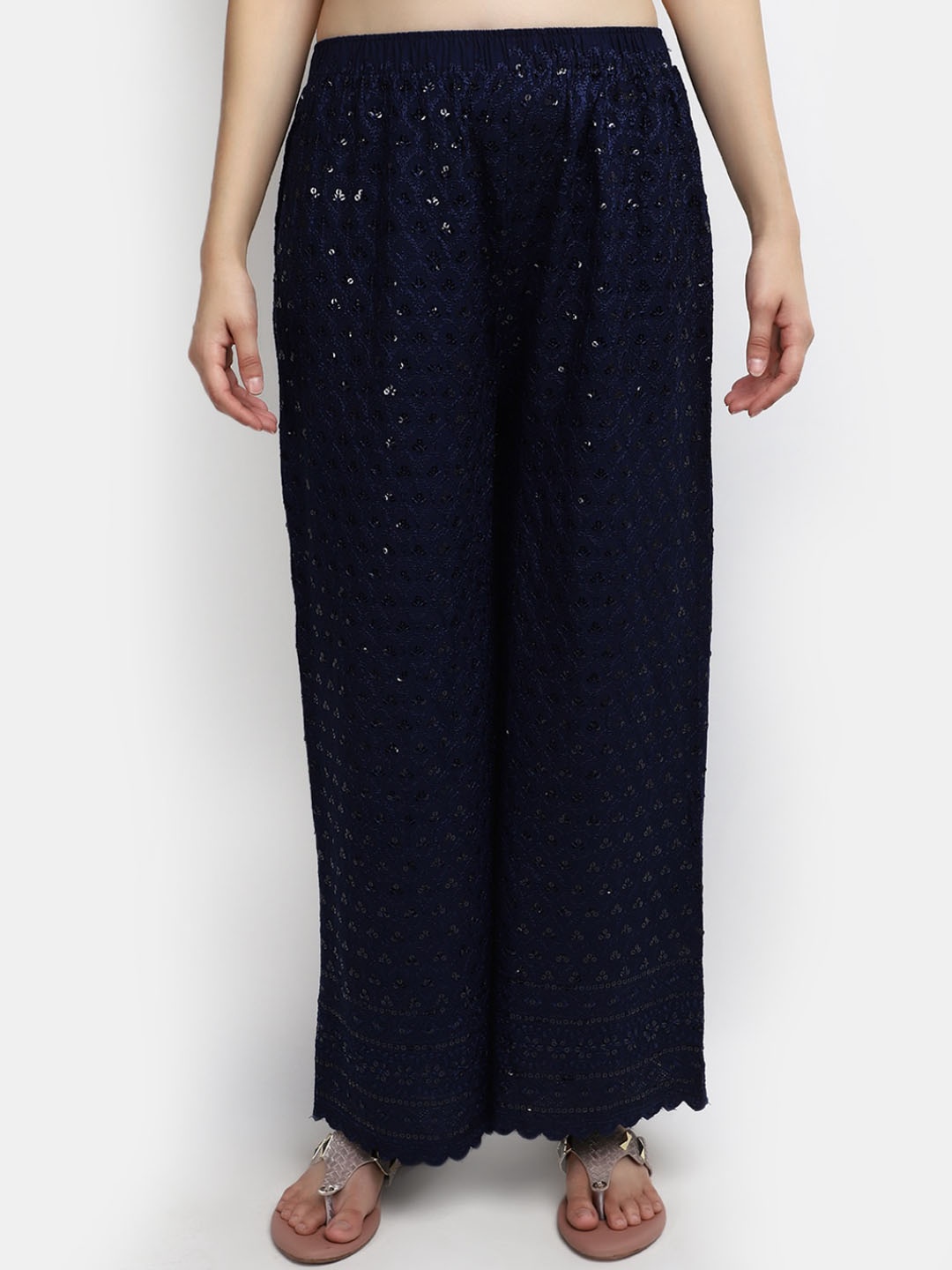

V-Mart Women Embroidered & Embellished Mid Rise Flared Palazzos, Navy blue