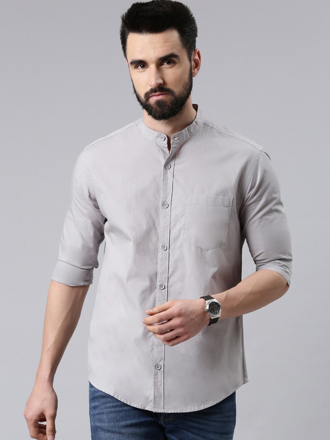 

Kryptic Band Collar Opaque Casual Pure Cotton Shirt, Grey