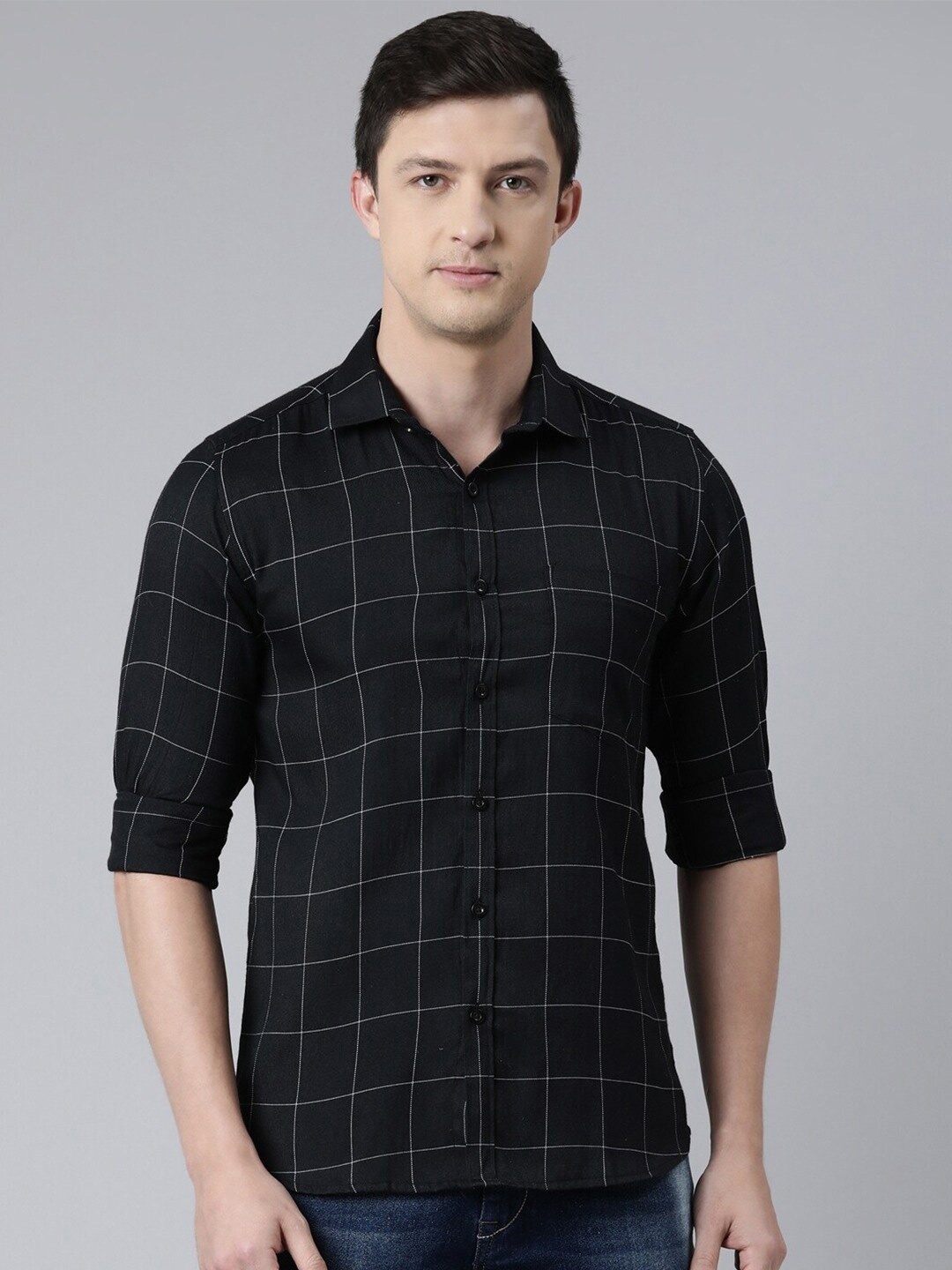 

Kryptic Windowpane Checked Pure Cotton Casual Shirt, Black
