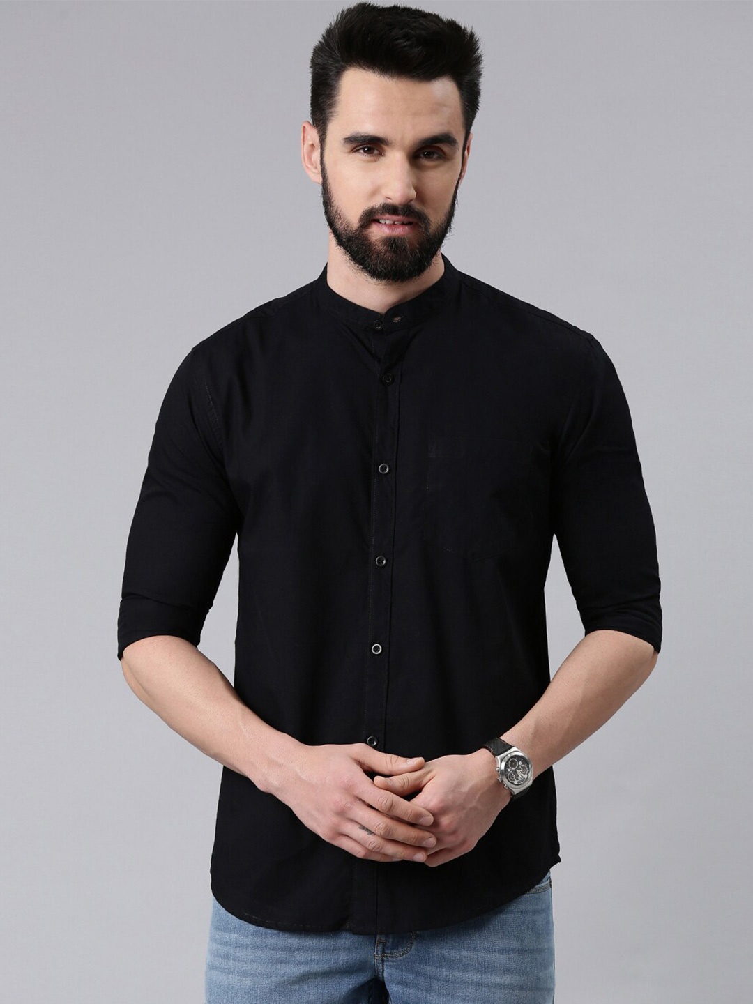 

Kryptic Band Collar Pure Cotton Shirt, Black