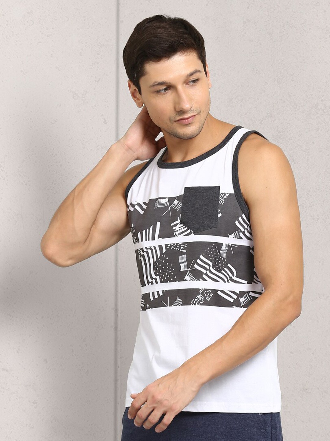 

Metronaut Men Printed Cotton Sleeveless T-shirt, White