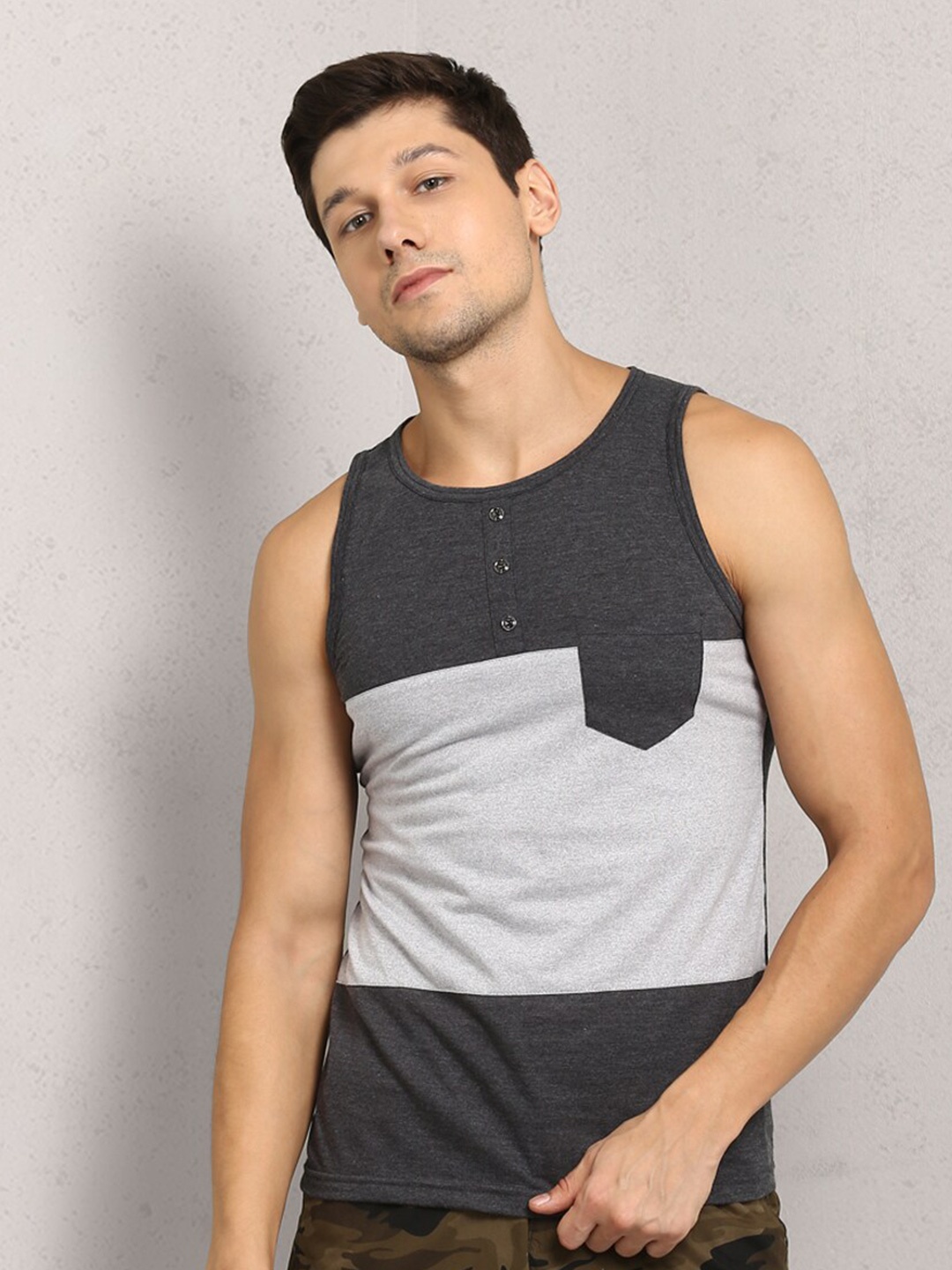 

Metronaut Striped Henley Neck Pure Cotton T-shirt, Grey