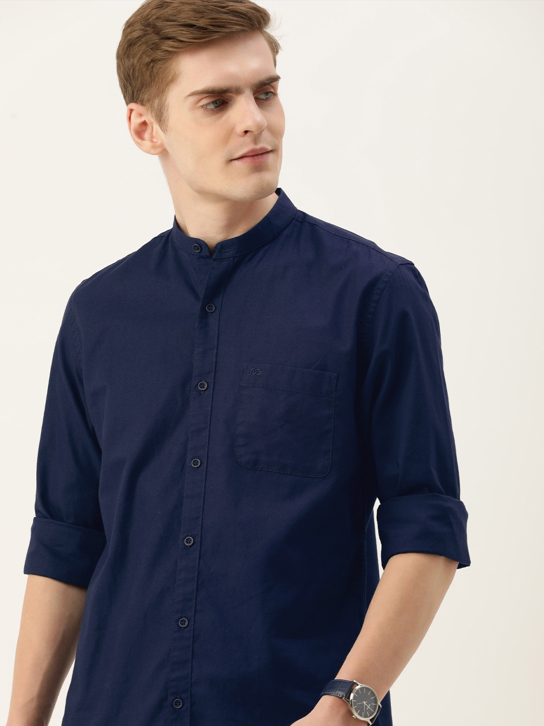 

Peter England Casuals Men Pure Cotton Slim Fit Opaque Casual Shirt, Navy blue