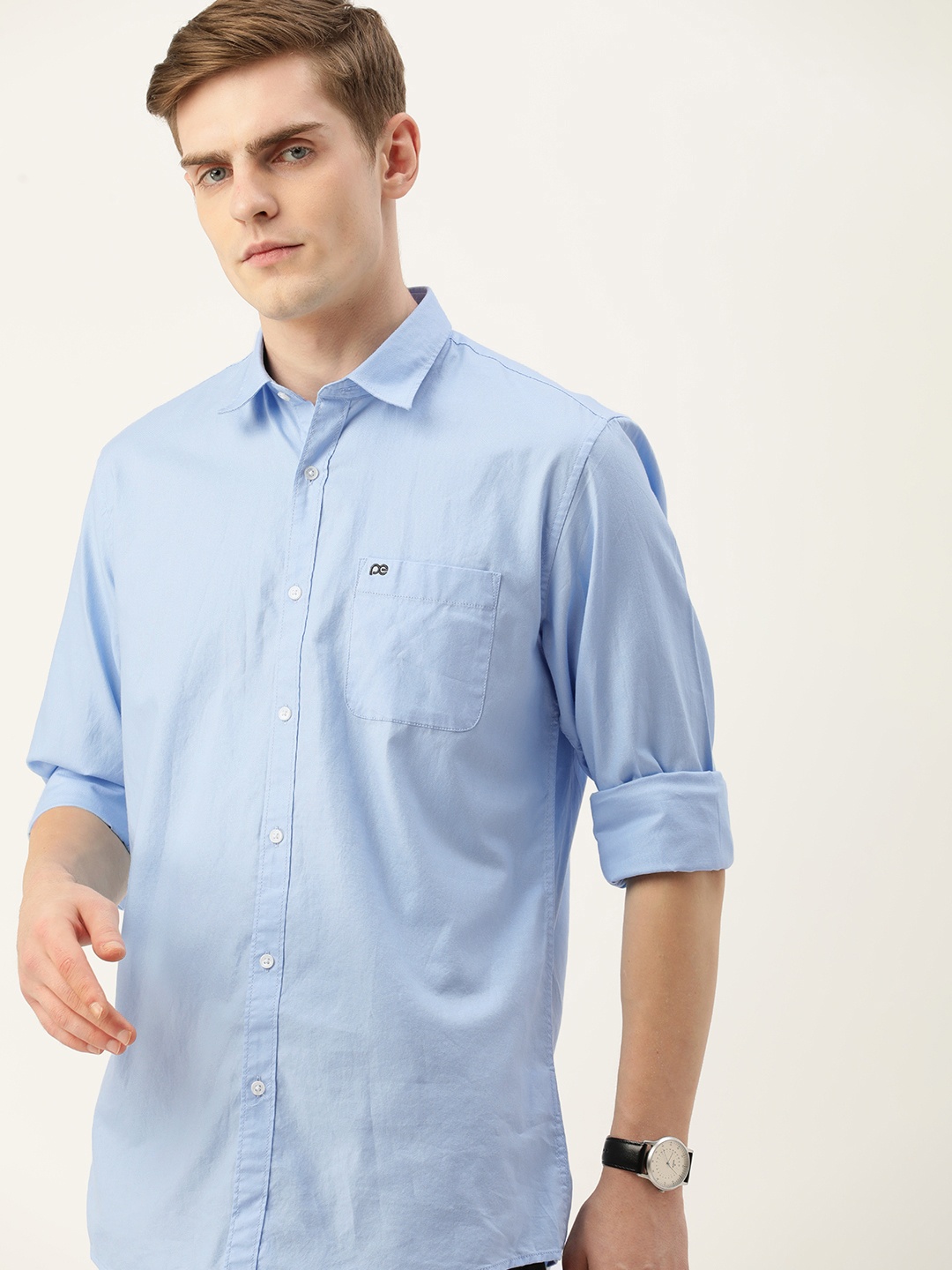

Peter England Casuals Men Pure Cotton Slim Fit Opaque Casual Shirt, Blue