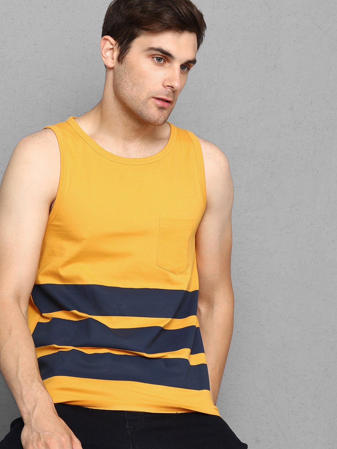 

Metronaut Men Striped Cotton Sleeveless T-shirt, Yellow