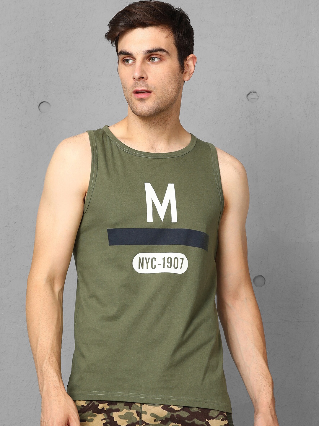 

Metronaut Men Typography Printed Cotton Sleeveless T-shirt, Olive