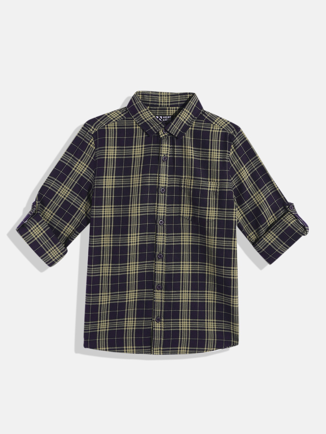 

HERE&NOW Boys Tartan Opaque Checked Cotton Casual Shirt, Charcoal