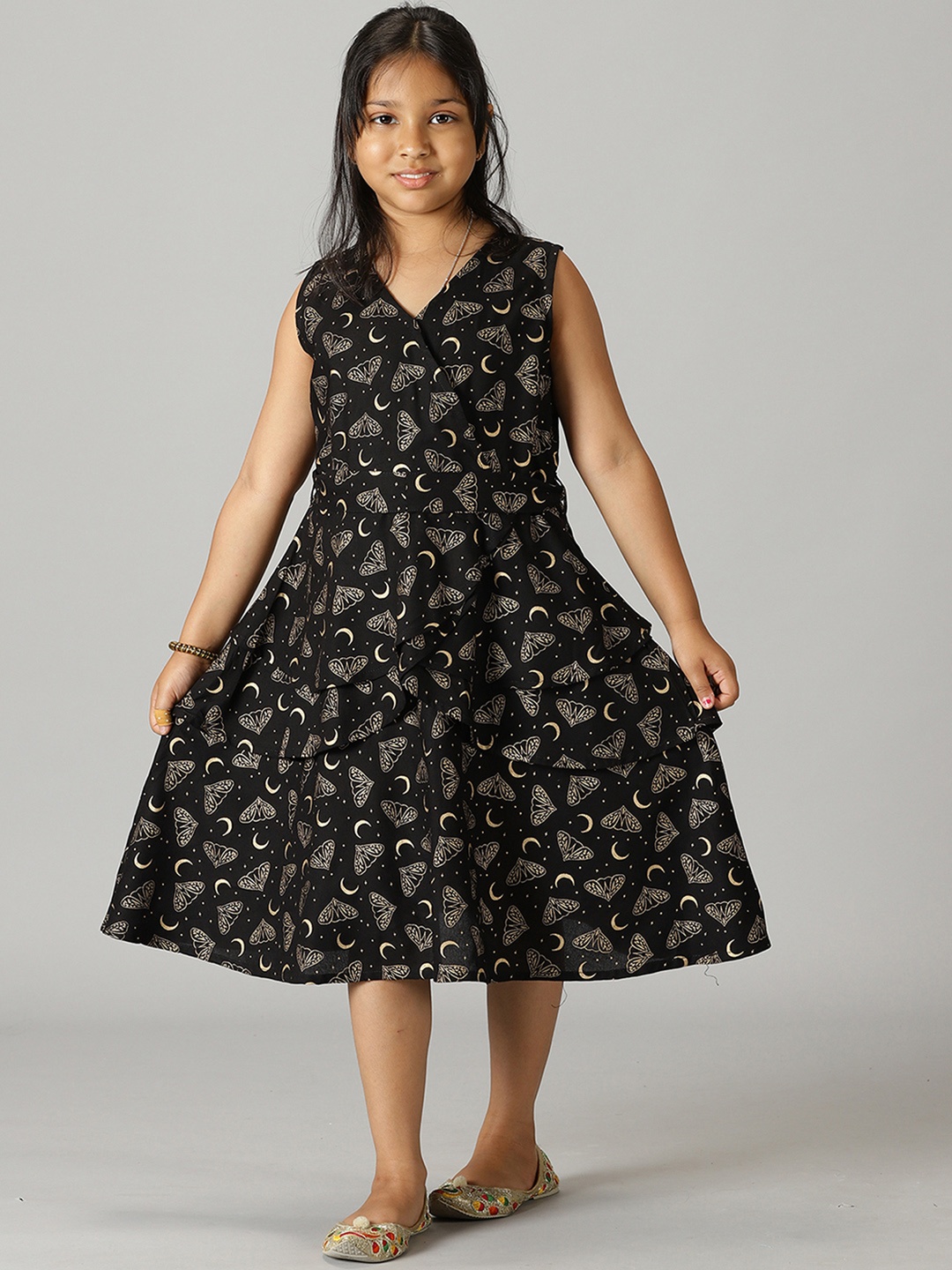 

KiddoPanti Girls Conversational Printed Layered Fit & Flare Midi Dress, Black