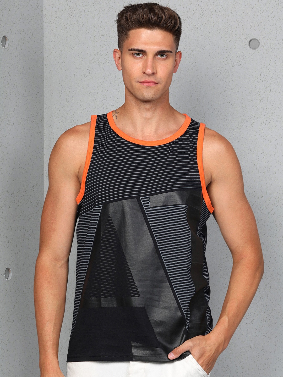 

Metronaut Striped Sleeveless Pure Cotton T-shirt, Black