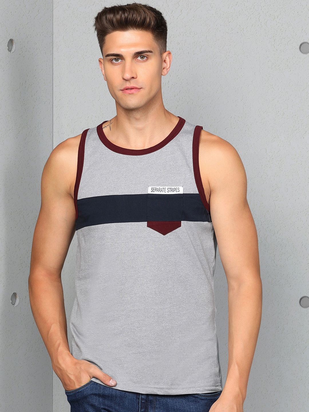 

Metronaut Striped Sleeveless Pure Cotton T-shirt, Grey melange