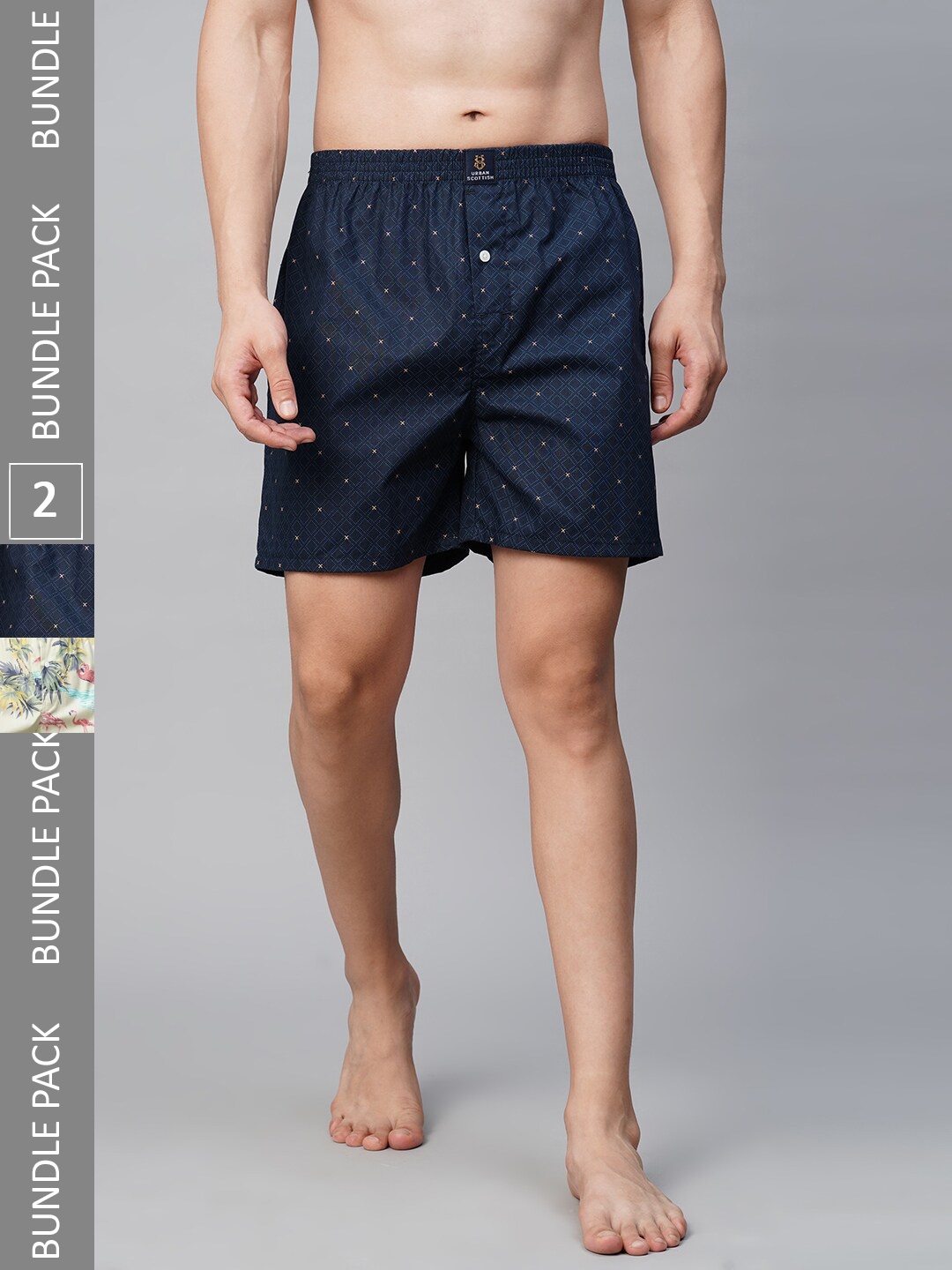 

URBAN SCOTTISH Men Pack of 2 Mid-Rise Comfort Fit Printed Pure Cotton Boxers, Navy blue