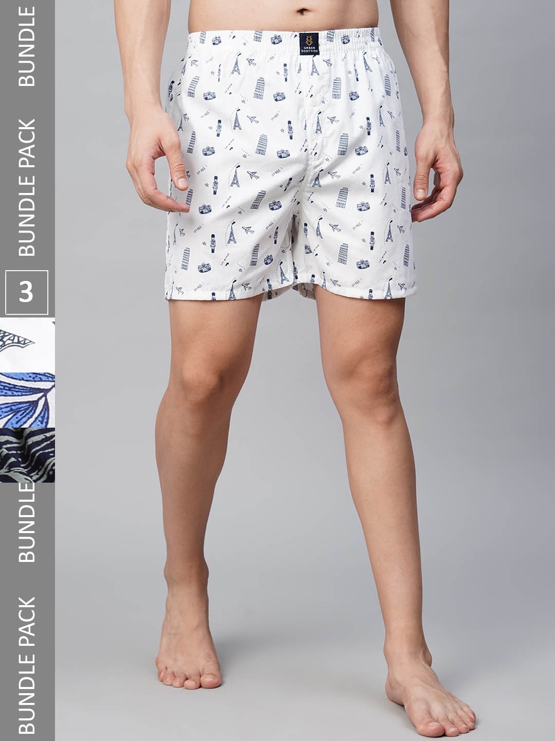

URBAN SCOTTISH Men Pack of 3 Mid-Rise Comfort Fit Printed Pure Cotton Boxers, White