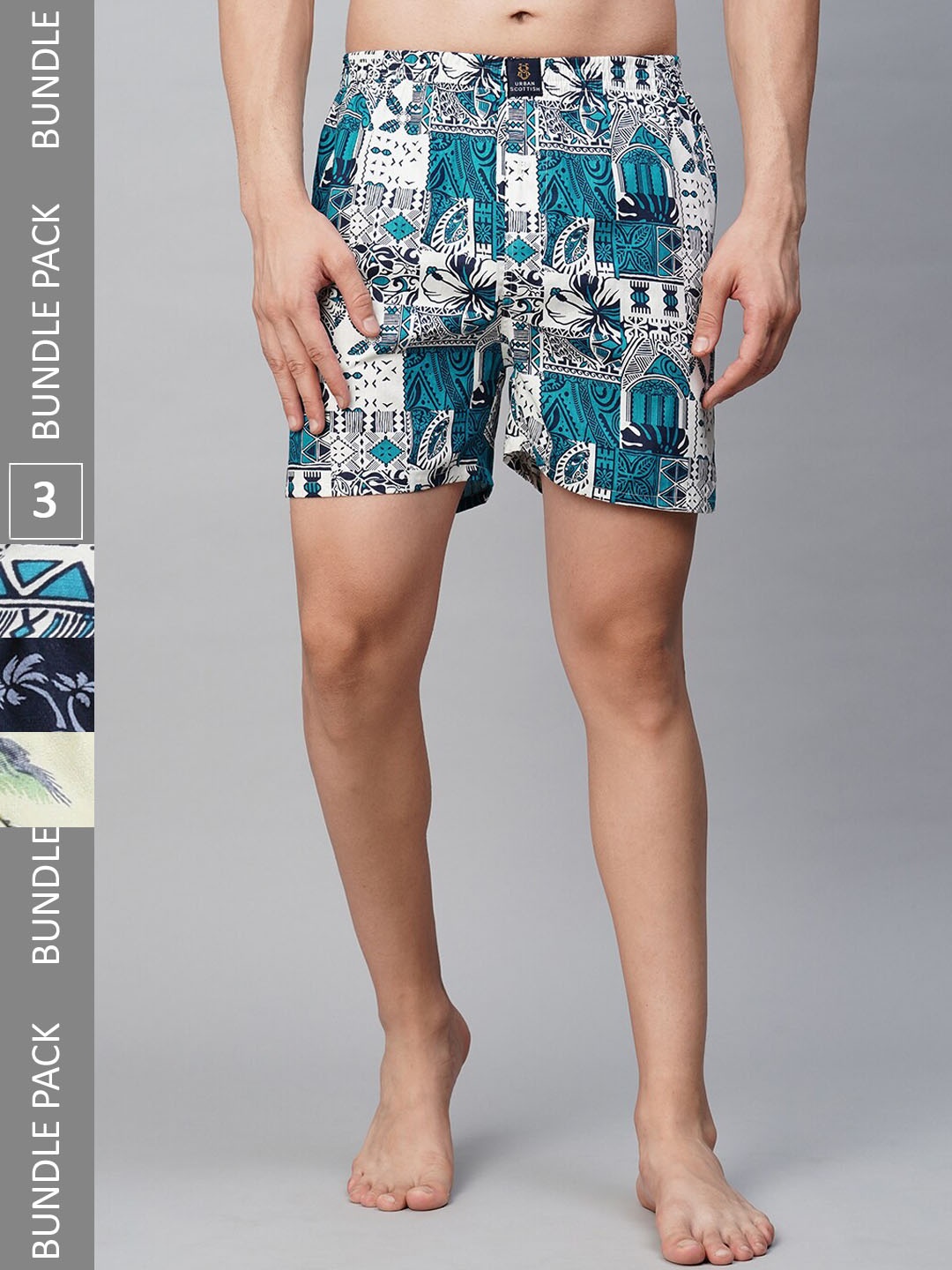 

URBAN SCOTTISH Men Pack of 3 Mid-Rise Comfort Fit Printed Pure Cotton Boxers, White